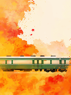 JPG 여행 단풍 일러스트 자연 풍경 사람없음 가을풍경 주황색 기차 가을 기차여행 국내일러스트 AI일러스트 AI콘텐츠 계절 육상교통 컬러 잎 대중교통 생태계 파일형식 가을_계절