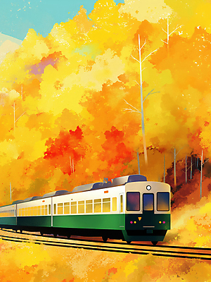 JPG 나무 여행 일러스트 자연 단풍나무 풍경 사람없음 노란색 가을풍경 기차 가을 숲 은행나무 기차여행 국내일러스트 AI일러스트 AI콘텐츠 식물 계절 육상교통 컬러 단풍 대중교통 생태계 파일형식 가을_계절
