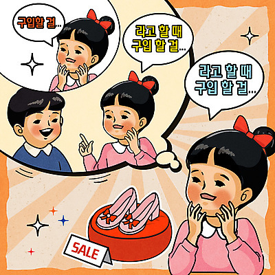 여자 남자 리본 어린이 구두 말풍선 쿠션 일러스트 웃음 소녀 소년 여러명 상반신 반짝임 세일 놀람 가리킴 복고 후회 다홍색 어린이만 국내일러스트 AI파일 감정 컬러 다수 신발 모션 표정 사람 손짓 파일형식 벡터