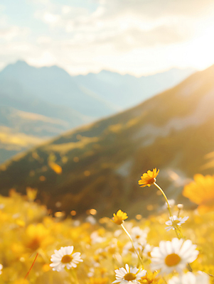 JPG 꽃 일러스트 자연 산 풍경 사람없음 햇빛 노란색 평화 가을 국내일러스트 AI일러스트 AI콘텐츠 식물 계절 컬러 컨셉 태양 생태계 파일형식