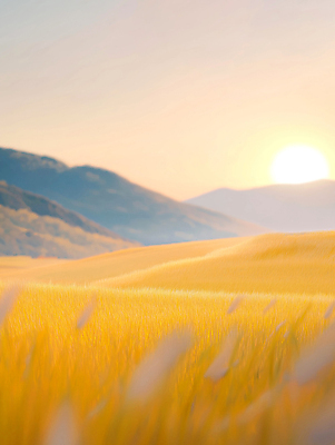 JPG 일러스트 자연 산 풍경 초원 사람없음 햇빛 태양 노란색 평화 일출 일몰 가을 밀밭 국내일러스트 AI일러스트 AI콘텐츠 자연요소 계절 컬러 컨셉 밭 노을 밀 생태계 파일형식