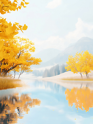 JPG 호수 일러스트 자연 하늘 산 풍경 사람없음 반사 가을 은행나무 국내일러스트 AI일러스트 AI콘텐츠 나무 계절 생태계 파일형식