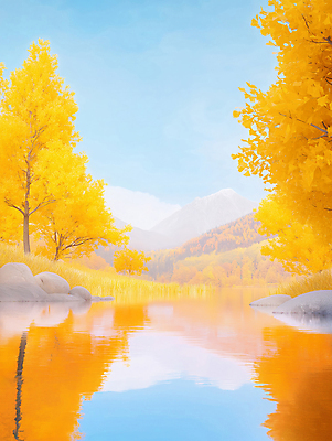 JPG 호수 일러스트 자연 하늘 풍경 사람없음 반사 평화 가을 은행나무 국내일러스트 AI일러스트 AI콘텐츠 나무 계절 컨셉 생태계 파일형식