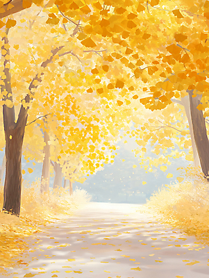 JPG 길 낙엽 일러스트 자연 풍경 사람없음 햇빛 노란색 평화 가을 가로수 은행나무 국내일러스트 AI일러스트 AI콘텐츠 나무 계절 컬러 컨셉 잎 태양 생태계 파일형식