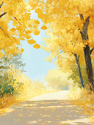 JPG 나무 길 낙엽 일러스트 자연 하늘 그림자 풍경 사람없음 햇빛 평화 가을 가로수 은행나무 국내일러스트 AI일러스트 AI콘텐츠 식물 계절 컨셉 잎 태양 생태계 파일형식