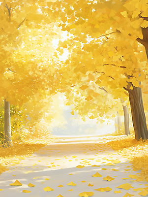 JPG 길 낙엽 일러스트 자연 풍경 사람없음 햇빛 노란색 평화 가을 가로수 은행나무 국내일러스트 AI일러스트 AI콘텐츠 나무 계절 컬러 컨셉 잎 태양 생태계 파일형식