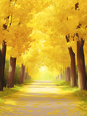 JPG 길 낙엽 일러스트 자연 풍경 사람없음 햇빛 노란색 평화 가을 가로수 은행나무 국내일러스트 AI일러스트 AI콘텐츠 나무 계절 컬러 컨셉 잎 태양 생태계 파일형식