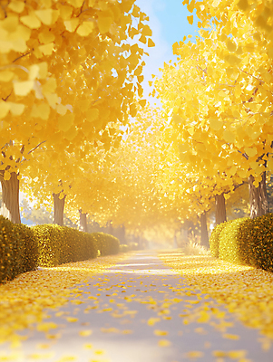 JPG 길 단풍 낙엽 일러스트 자연 하늘 풍경 사람없음 햇빛 노란색 가을 가로수 은행나무 국내일러스트 AI일러스트 AI콘텐츠 나무 계절 컬러 잎 태양 생태계 파일형식