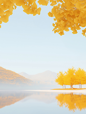 JPG 호수 일러스트 자연 하늘 산 풍경 사람없음 반사 평화 가을 은행잎 은행나무 국내일러스트 AI일러스트 AI콘텐츠 나무 계절 컨셉 잎 생태계 파일형식