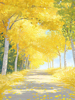 JPG 길 낙엽 일러스트 자연 하늘 풍경 사람없음 햇빛 노란색 평화 가을 가로수 은행나무 국내일러스트 AI일러스트 AI콘텐츠 나무 계절 컬러 컨셉 잎 태양 생태계 파일형식