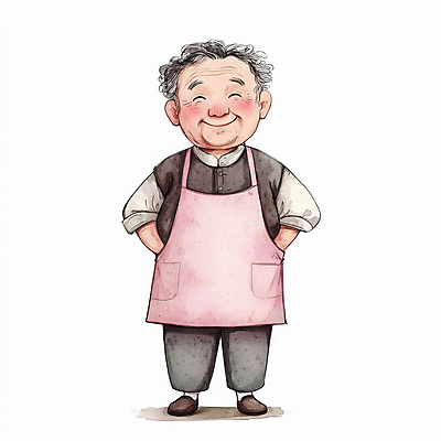 JPG 전신 캐릭터 할아버지 노년 남자 분홍색 일러스트 친절 따뜻함 한명 서기 미소 앞치마 주름 주머니손 노인남자한명만 일러캐릭터 AI일러스트 AI콘텐츠 1 컬러 모션 표정 사람 성인 남자한명만 노인남자만 파일형식