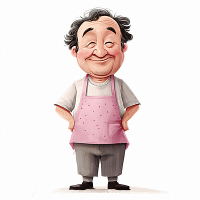JPG 전신 캐릭터 할아버지 노년 남자 분홍색 허리손 일러스트 따뜻함 한명 서기 미소 앞치마 주름 편안함 노인남자한명만 일러캐릭터 AI일러스트 AI콘텐츠 1 컬러 포즈 모션 표정 사람 성인 감각 남자한명만 노인남자만 파일형식