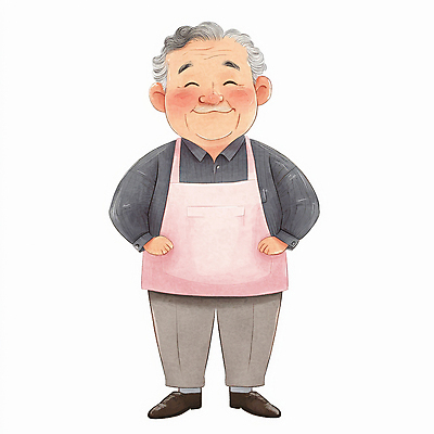 JPG 전신 캐릭터 할아버지 노년 남자 분홍색 허리손 일러스트 따뜻함 한명 서기 미소 앞치마 주름 노인남자한명만 일러캐릭터 AI일러스트 AI콘텐츠 1 컬러 포즈 모션 표정 사람 성인 남자한명만 노인남자만 파일형식