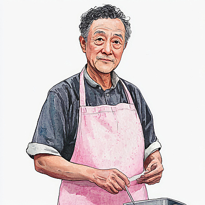 JPG 캐릭터 할아버지 노년 남자 분홍색 일러스트 주방용품 요리 한명 서기 상반신 앞치마 잡기 주름 집중 노인남자한명만 일러캐릭터 AI일러스트 AI콘텐츠 1 컬러 생활용품 컨셉 모션 사람 성인 남자한명만 노인남자만 파일형식