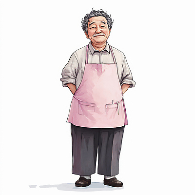 JPG 캐릭터 할아버지 노년 남자 분홍색 일러스트 따뜻함 한명 서기 미소 앞치마 주름 뒷짐 노인남자한명만 일러캐릭터 AI일러스트 AI콘텐츠 1 컬러 모션 표정 사람 성인 남자한명만 노인남자만 파일형식