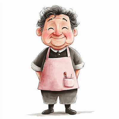 JPG 전신 캐릭터 할아버지 노년 남자 분홍색 일러스트 따뜻함 밝음 한명 서기 미소 앞치마 주름 뒷짐 노인남자한명만 일러캐릭터 AI일러스트 AI콘텐츠 1 컬러 모션 표정 사람 성인 남자한명만 노인남자만 파일형식