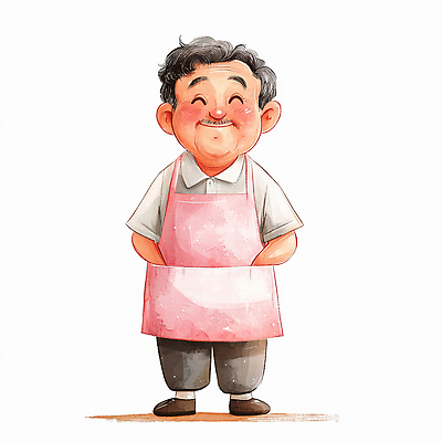 JPG 전신 캐릭터 할아버지 노년 남자 분홍색 일러스트 따뜻함 한명 서기 미소 앞치마 주름 주머니손 노인남자한명만 일러캐릭터 AI일러스트 AI콘텐츠 1 컬러 모션 표정 사람 성인 남자한명만 노인남자만 파일형식