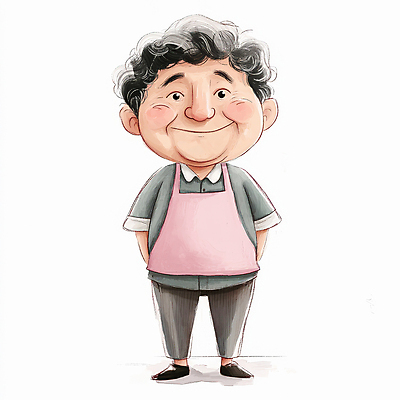 JPG 전신 캐릭터 할아버지 노년 남자 분홍색 일러스트 따뜻함 밝음 한명 서기 미소 앞치마 주름 주머니 뒷짐 노인남자한명만 일러캐릭터 AI일러스트 AI콘텐츠 1 컬러 모션 표정 사람 성인 남자한명만 노인남자만 파일형식