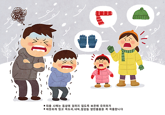 전신 PSD 나무 모자 여자 남자 어린이 장갑 말풍선 겨울 일러스트 가족 건강 경고 소녀 여러명 성인 목도리 추위 눈 찡그림 질병 감기 예방 안전수칙 조심 폭설 국내일러스트 자연요소 식물 잡화 계절 다수 의학 관계 날씨 눈_날씨 표정 안전 사람 자연재해 파일형식