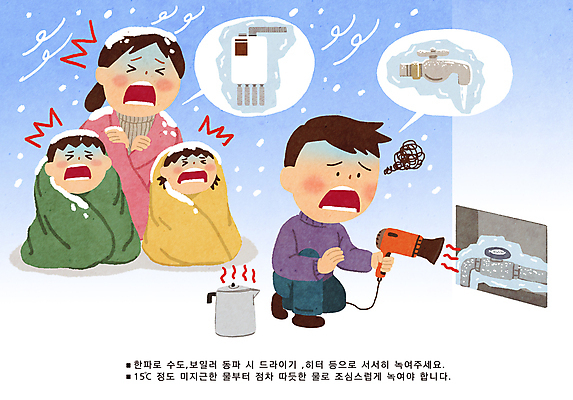 전신 PSD 여자 남자 어린이 하늘색 말풍선 겨울 일러스트 가족 주전자 바람 경고 소녀 소년 여러명 성인 얼음 이불 추위 찡그림 드라이어 고장 예방 수도 안전수칙 조심 보일러 폭설 동파 국내일러스트 자연요소 계절 다수 관계 침구 주방용품 날씨 눈_날씨 표정 안전 사람 파란색 미용용품 자연재해 파일형식