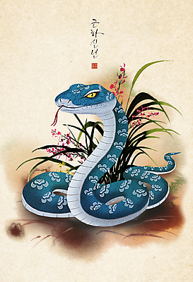 PSD 꽃 일러스트 근하신년 새해 수묵화 사람없음 물감 풀 뱀띠 뱀 번짐 베이지색 2025년 을사년 국내일러스트 푸른뱀 식물 컬러 파충류 미술 미술도구 십이지신 연도 파일형식 효과