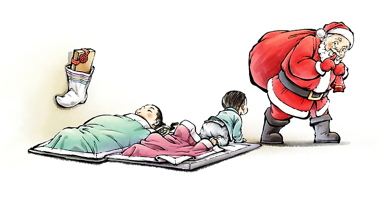 전신 PSD 여자 할아버지 노년 남자 어린이 크리스마스 일러스트 주택 들기 소녀 세명 선물상자 눕기 산타클로스 이불 아기 잠 한복 동양화 번짐 쉿 버선 선물자루 국내일러스트 한국전통 기념일 침구 모션 양말 전통소품 선물 미술 사람 성인 건물 상자 전통의상 자루 조용 파일형식 효과