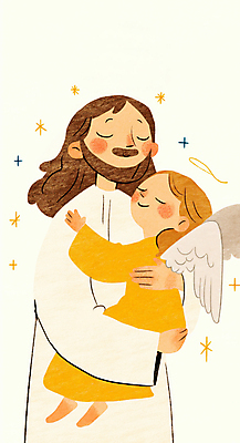 JPG 전신 여자 남자 종교 어린이 일러스트 포옹 따뜻함 사랑 소녀 성인 두명 반짝임 눈감음 예수 천사날개 국내일러스트 천사링 AI일러스트 AI콘텐츠 감정 날개 안기 모션 천사 사람 신_종교 파일형식