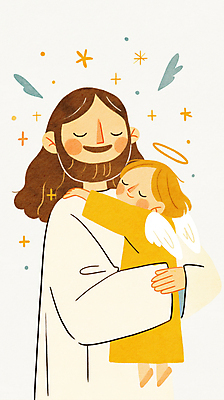 JPG 전신 여자 남자 종교 어린이 일러스트 포옹 수염 따뜻함 사랑 소녀 성인 두명 반짝임 눈감음 예수 천사날개 국내일러스트 천사링 AI일러스트 AI콘텐츠 감정 날개 안기 모션 천사 사람 신_종교 파일형식