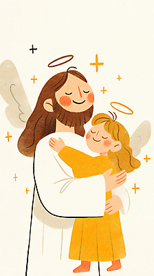 JPG 전신 여자 남자 종교 어린이 일러스트 포옹 수염 따뜻함 사랑 소녀 성인 두명 반짝임 눈감음 예수 천사날개 국내일러스트 천사링 AI일러스트 AI콘텐츠 감정 날개 안기 모션 천사 사람 신_종교 파일형식