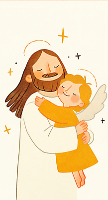 JPG 전신 여자 남자 종교 어린이 일러스트 포옹 수염 따뜻함 사랑 소녀 성인 두명 반짝임 눈감음 예수 천사날개 국내일러스트 천사링 AI일러스트 AI콘텐츠 감정 날개 안기 모션 천사 사람 신_종교 파일형식