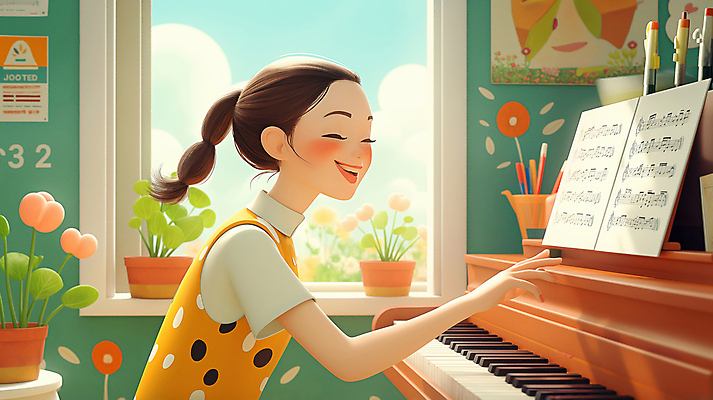JPG 여자 꽃 행복 화분 어린이 연주 일러스트 창문 실내 따뜻함 한명 미소 웃음 소녀 상반신 취미 햇빛 방 피아노 악보 소녀한명만 국내일러스트 AI일러스트 AI콘텐츠 식물 1 감정 음악 표정 사람 내부 태양 건반악기 여자한명만 소녀만 파일형식