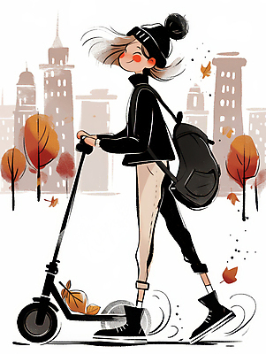 JPG 전신 여자 패션 이동 단풍 일러스트 털모자 한명 웃음 성인 걷기 스쿠터 가을 도시 외출 백팩 성인여자한명만 모빌리티 국내일러스트 AI일러스트 AI콘텐츠 모자_잡화 1 계절 교통수단 컨셉 잎 가방 모션 표정 사람 오토바이 여자한명만 성인여자만 파일형식