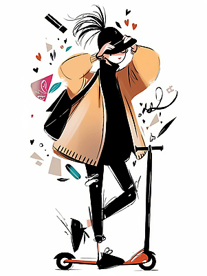 JPG 전신 모자 여자 패션 이동 가방 일러스트 한명 성인 코트 스쿠터 가을 외출 성인여자한명만 모빌리티 국내일러스트 AI일러스트 AI콘텐츠 1 잡화 계절 교통수단 컨셉 사람 외투 오토바이 여자한명만 성인여자만 파일형식