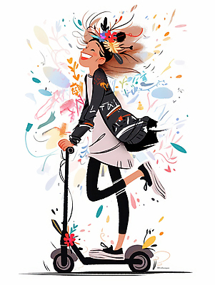 JPG 전신 긴머리 여자 패션 꽃 행복 이동 일러스트 나뭇잎 한명 웃음 성인 스쿠터 외출 역동적 한발서기 성인여자한명만 모빌리티 국내일러스트 AI일러스트 AI콘텐츠 식물 1 헤어스타일 감정 교통수단 컨셉 잎 표정 서기 사람 오토바이 여자한명만 성인여자만 파일형식