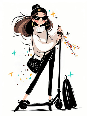 JPG 전신 여자 패션 이동 일러스트 한명 성인 캐주얼 선글라스 귀걸이 검은색 스쿠터 편안함 외출 크로스백 비니 성인여자한명만 모빌리티 국내일러스트 AI일러스트 AI콘텐츠 모자_잡화 1 옷 안경 교통수단 컬러 컨셉 가방 장신구 사람 오토바이 감각 여자한명만 성인여자만 파일형식