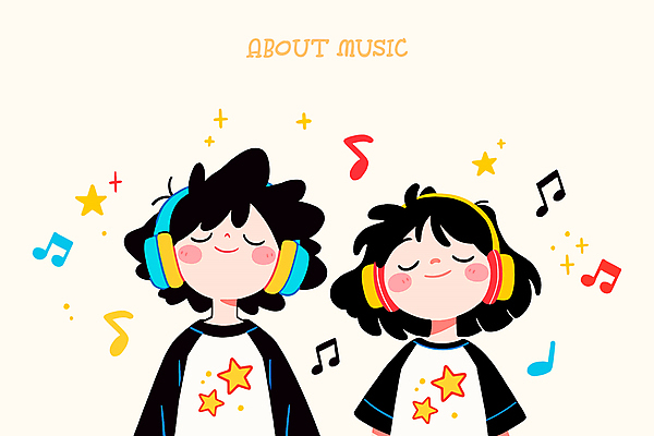 여자 남자 행복 별 어린이 음표 일러스트 미소 소녀 소년 상반신 두명 반짝임 귀여움 눈감음 헤드셋 감상 노래감상 아이보리 어린이만 국내일러스트 AI파일 자연요소 기호 감정 음악 컬러 음향기기 컨셉 모션 표정 사람 헤드폰 음악감상 파일형식 벡터