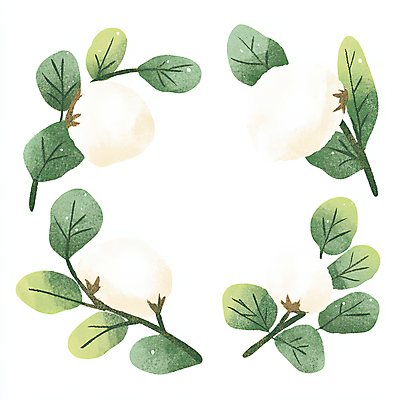 JPG 일러스트 나뭇잎 수채화 사람없음 포근함 목화꽃 아이보리 목화솜 국내일러스트 AI일러스트 AI콘텐츠 꽃 컬러 잎 감각 솜 파일형식