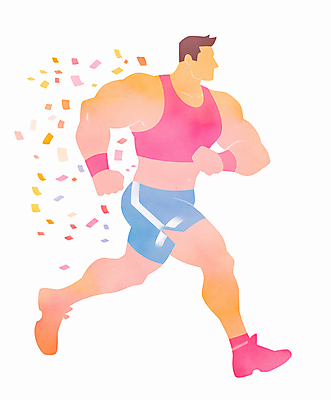 JPG 전신 남자 스포츠 분홍색 일러스트 근육 건강 한명 성인 운동복 달리기 운동 헬스 주황색 힘 에너지 꽃가루 성인남자한명만 국내일러스트 AI일러스트 AI콘텐츠 1 옷 컬러 모션 사람 가루 남자한명만 성인남자만 파일형식