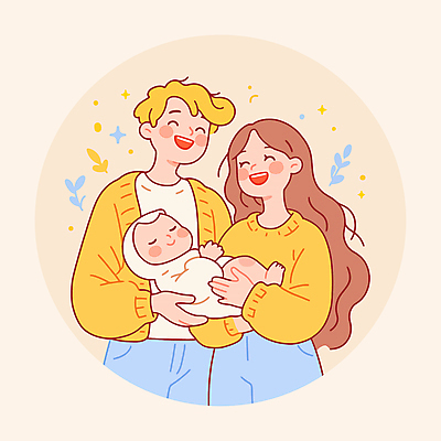 여자 남자 행복 일러스트 안기 따뜻함 사랑 미소 웃음 성인 세명 반짝임 부모 노란색 아기 국내일러스트 AI파일 감정 컬러 가족 모션 표정 사람 파일형식 벡터