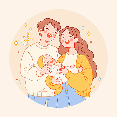 여자 남자 행복 일러스트 안기 따뜻함 사랑 미소 웃음 성인 세명 반짝임 부모 아기 국내일러스트 AI파일 감정 가족 모션 표정 사람 파일형식 벡터