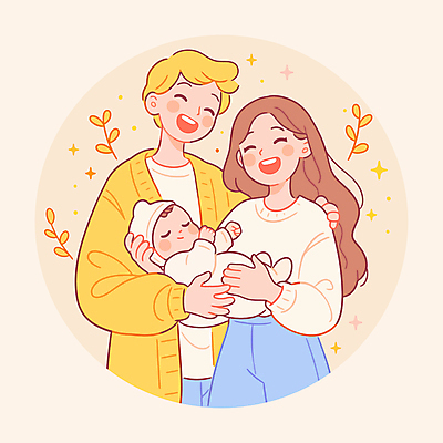 여자 남자 행복 일러스트 안기 따뜻함 사랑 미소 웃음 성인 세명 반짝임 부모 노란색 아기 국내일러스트 AI파일 감정 컬러 가족 모션 표정 사람 파일형식 벡터
