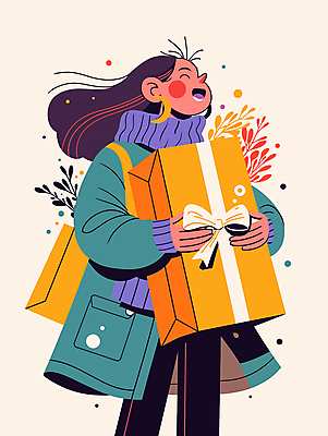 여자 행복 리본 잎 일러스트 안기 바람 선물 한명 미소 웃음 성인 쇼핑 쇼핑백 노란색 귀걸이 목도리 코트 외출 베이지색 성인여자한명만 흩날리기 국내일러스트 AI파일 자연요소 식물 1 잡화 감정 컬러 가방 장신구 모션 날씨 표정 사람 외투 여자한명만 성인여자만 파일형식 벡터