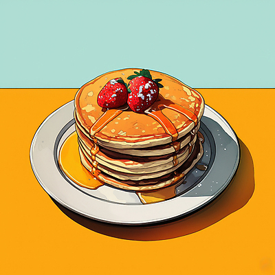 JPG 접시 일러스트 딸기 사람없음 노란색 아침식사 시럽 팬케이크 맛있는 국내일러스트 AI일러스트 AI콘텐츠 식기 컬러 과일 케이크 식사 파일형식