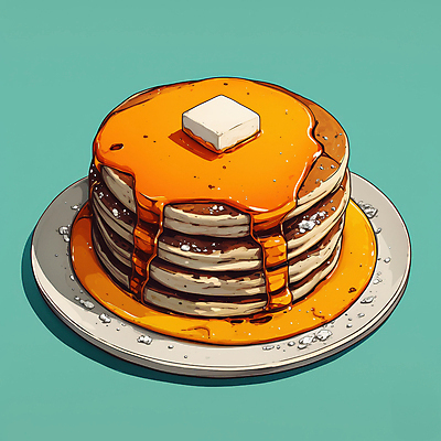 JPG 접시 일러스트 사람없음 아침식사 시럽 버터 팬케이크 민트색 맛있는 국내일러스트 AI일러스트 AI콘텐츠 식기 컬러 케이크 식사 파일형식