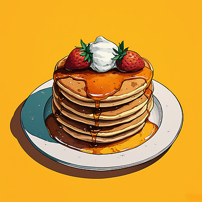 JPG 접시 일러스트 딸기 사람없음 노란색 아침식사 시럽 팬케이크 휘핑크림 맛있는 국내일러스트 AI일러스트 AI콘텐츠 식기 컬러 과일 케이크 식사 크림 휘핑 파일형식
