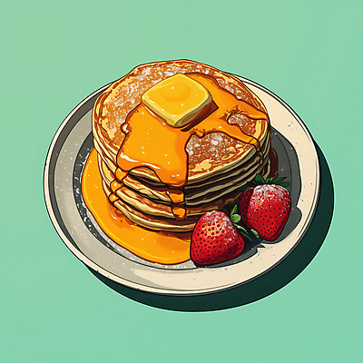 JPG 접시 일러스트 딸기 사람없음 아침식사 시럽 버터 팬케이크 민트색 슈가파우더 맛있는 국내일러스트 AI일러스트 AI콘텐츠 식기 컬러 과일 케이크 식사 파일형식