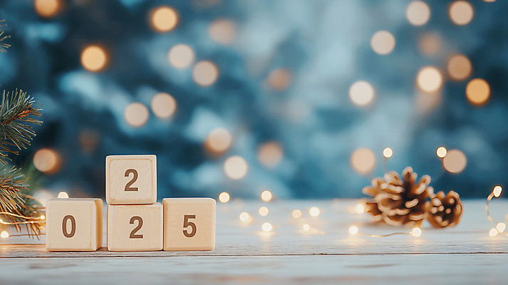 JPG 편집이미지 겨울 조명 새해 사람없음 빛 반짝임 숫자 쌓기 풀 큐브 보케 연말 연초 나무블록 2025년 을사년 편집실사 AI포토 AI콘텐츠 식물 문자 계절 모션 목재 블록 연도 CG 파일형식