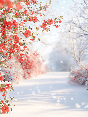 JPG 편집이미지 길 겨울 자연 풍경 사람없음 빨간색 설원 감성 동백 동백나무 눈내림 편집실사 AI포토 AI콘텐츠 나무 계절 꽃 컬러 컨셉 눈_날씨 CG 생태계 파일형식