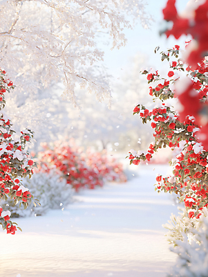 JPG 편집이미지 길 겨울 자연 풍경 사람없음 빨간색 설원 감성 동백 동백나무 눈내림 편집실사 AI포토 AI콘텐츠 나무 계절 꽃 컬러 컨셉 눈_날씨 CG 생태계 파일형식