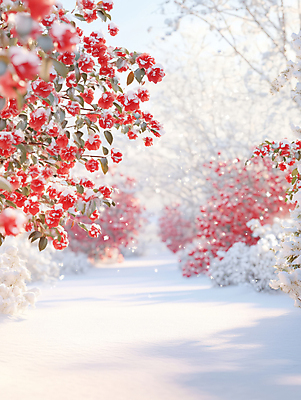 JPG 편집이미지 길 겨울 자연 나뭇잎 풍경 사람없음 빨간색 설원 감성 동백 동백나무 눈내림 편집실사 AI포토 AI콘텐츠 나무 계절 꽃 컬러 컨셉 잎 눈_날씨 CG 생태계 파일형식